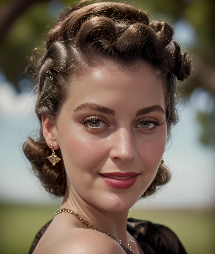 a51g3r , Ultra-HD-details, natura natural background, smile, detailed eyes, 50s dress, cotton hair, 40s makeup, 50s style, jewelry, intricate 