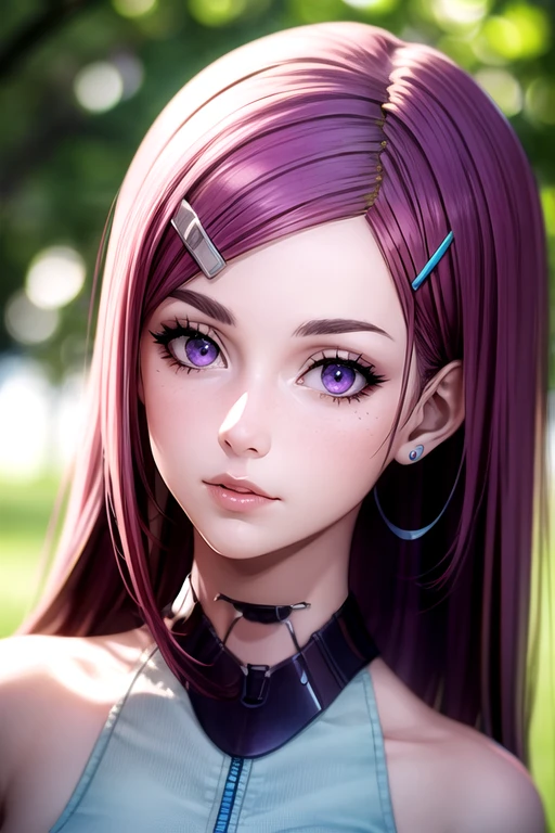 photorealistic, (4k), depth of field, (Masterpiece), (realistic skin texture), extremely detailed, intricate, hyper detailed, high resolution, professional photography, , depth of field, sharp detail, best quality, looking at viewer, 1girl, solo, <lora:ange_synduality_noir:0.98>, ange_synduality_noir, purple hair, purple eyes, , hair ornament, hairclip, , science fiction time travel,