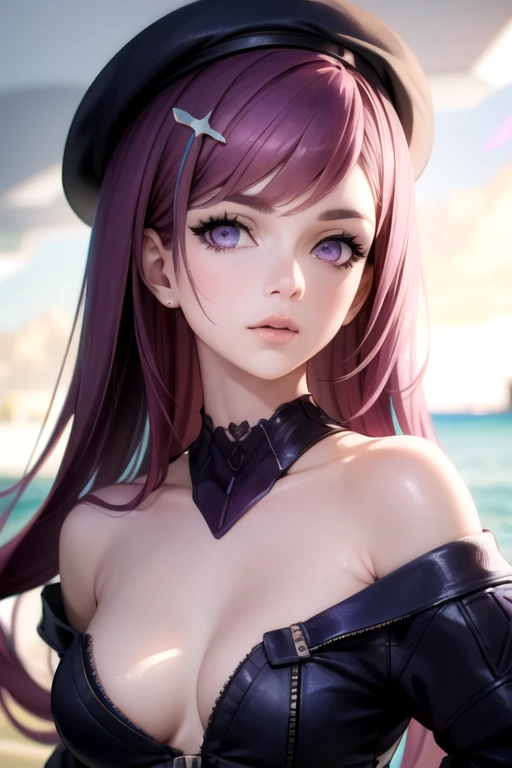 photorealistic, (4k), depth of field, (Masterpiece), (realistic skin texture), extremely detailed, intricate, hyper detailed, high resolution, professional photography, , depth of field, sharp detail, best quality, looking at viewer, 1girl, solo, <lora:ange_synduality_noir:0.74>, ange_synduality_noir, purple hair, purple eyes, long hair, hair ornament, , , beret, ocean bottom,