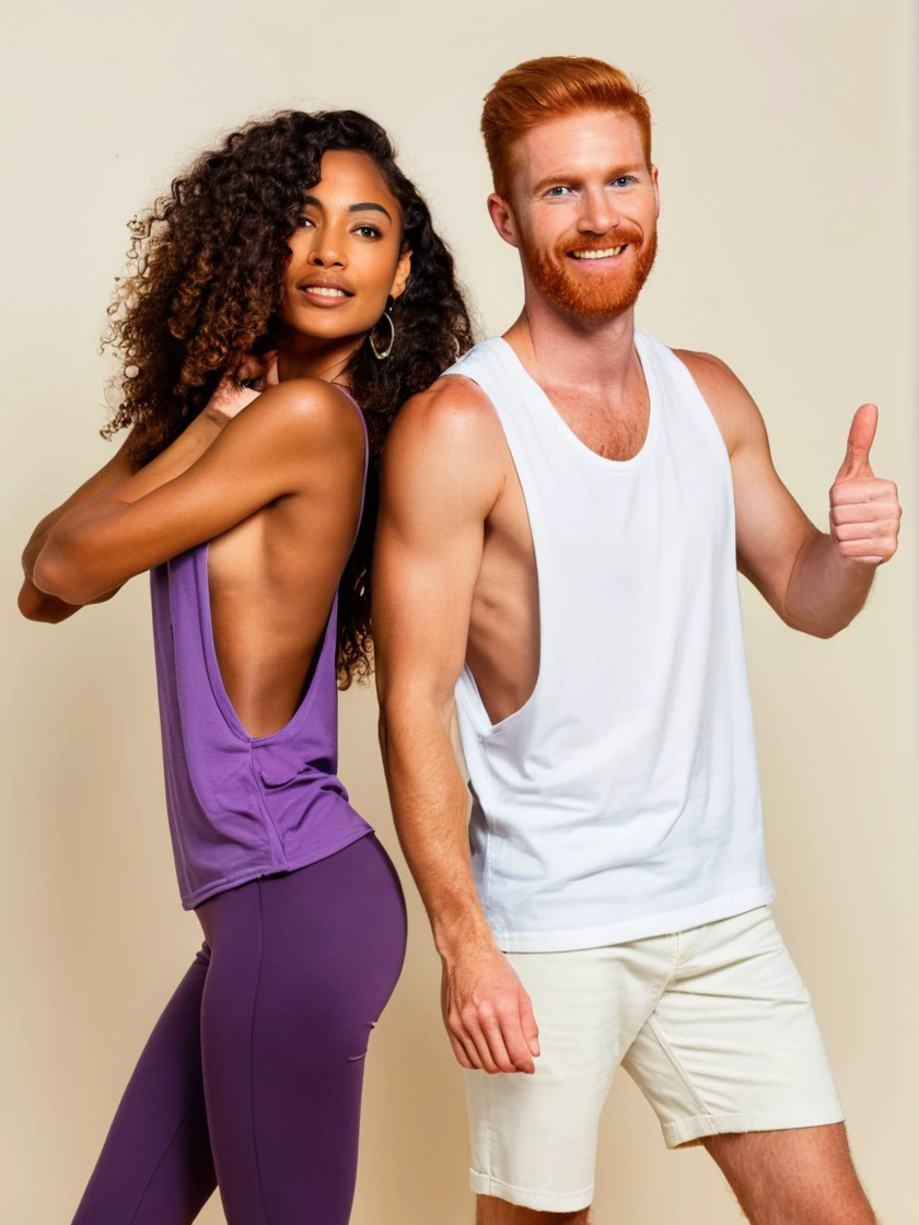 <lora:StringerSDXL_v1:0.83@0,0.83@0.45,0.2@0.45> (medium body shot:1.2) side view of two people (back to back:1.2) on a white studio background, natural lighting, 4k uhd, dslr, soft lighting, high quality, Fujifilm XT3, BREAK
A 22 y.o beautiful dark skin woman with wavy hair wearing a purple (tank top:1.1) stringer (shirt:1.15) with (extreme low-cut dropped side holes:1.35), hands up, low-cut cleavage, (side covered big boobs:0.2), pants, natural lighting, 4k uhd, dslr, soft lighting, high quality, Fujifilm XT3, BREAK
Patrick a handsome happy hairy [ginger:0.2] 35 y.o Irish man wearing a white (tank top:1.1) stringer (shirt:1.1) with a (high crewneck:1.2), (extreme low-cut dropped side hole:1.3), pulling his shirt, hands up thumbs up,[blue jeans shorts:0.2], (bushy armpit hair:1), beard, side pecs, perfect teeth, perfect eyes, pupils,, natural lighting, 4k uhd, dslr, soft lighting, high quality, Fujifilm XT3