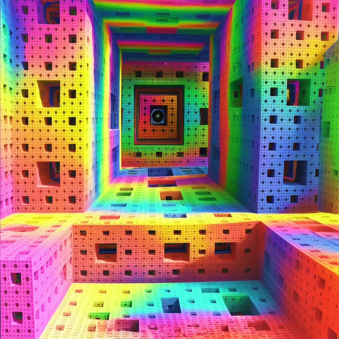 inside of the multicolored menger sponge, art <lora:MENGERSPONGE:0.8>