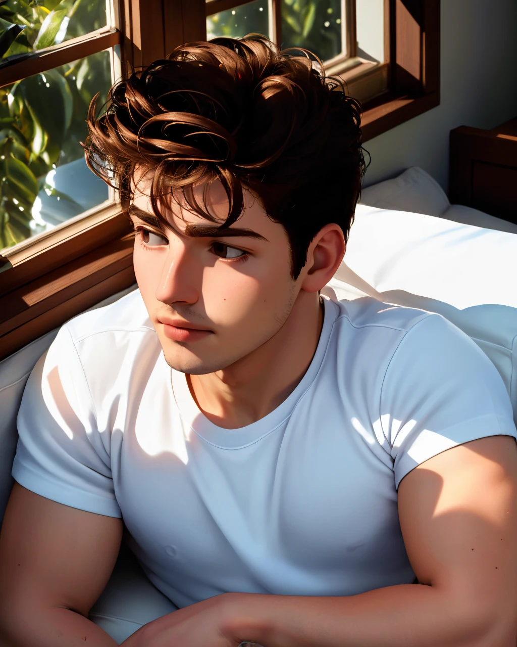 masterpiece, 8k hd raw extreme close up photo of greggs <lora:greggs-v1:0.9>, serious look, white tshirt, laying on bed, head on pillow, sun coming through the window, the reflecting light on his eyes, best quality, highly detailed, ultra-detailed