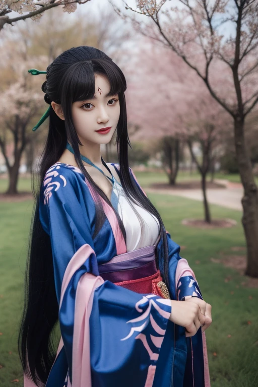 ltra-detailed,highly detailed,best quality,masterpiece,illustration,realistic,photorealistic,
liumengli, 1girl, solo, cosplay,
hanfu, chinese clothes, wide sleeves, long sleeves, sash, hair ornament, blue dress,
long hair, black hair,single hair bun, blunt bangs, sidelocks,
looking at viewer, upper body, facial mark, light smile,
outdoors, grass, flower, day, cherry blossoms, tree, sunlight, photo background, rock,
<lora:liumengli_v1_06:0.7>
