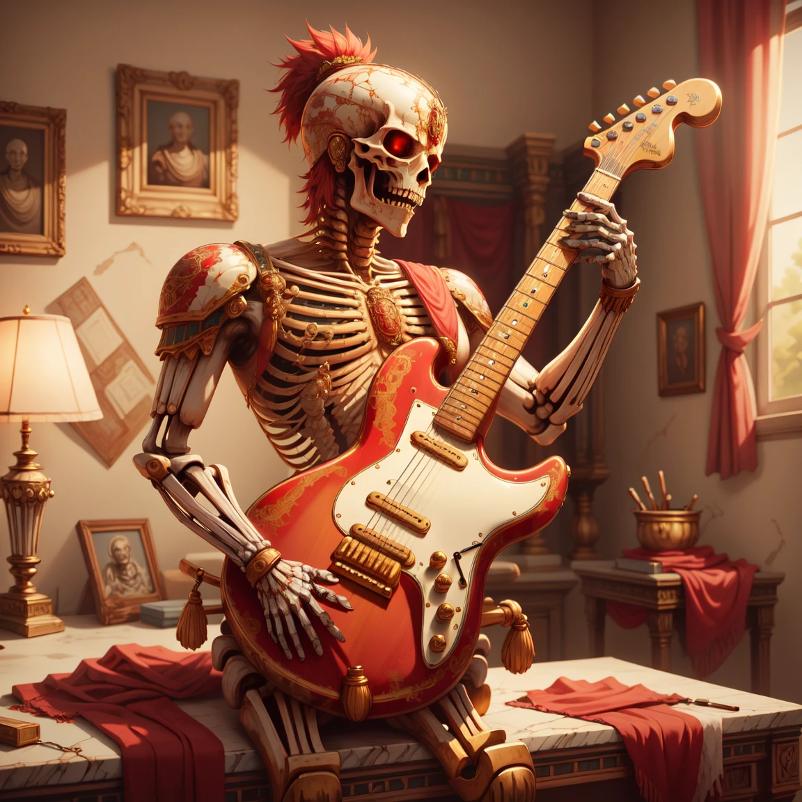 masterpiece, absurdres, extremely detailed, detailed eyes, <lora:Madeofdelftwareai:0.6>, madeofdelftwareai, (purple delftware), ,(blue delftware), skeleton playing an electric guitar, night, volumetric lighting,