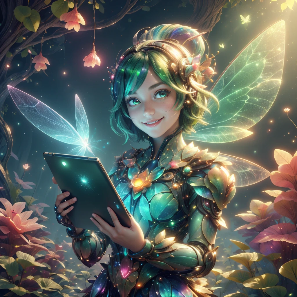 <lora:FaeTech-30:0.8>, faetech ,scifi, pixie dust, iridescent, 
scholar , scroll, 1girl,short hair, green hair, glowing eyes, smile ,closed mouth, multicolored hair, holding a tablet