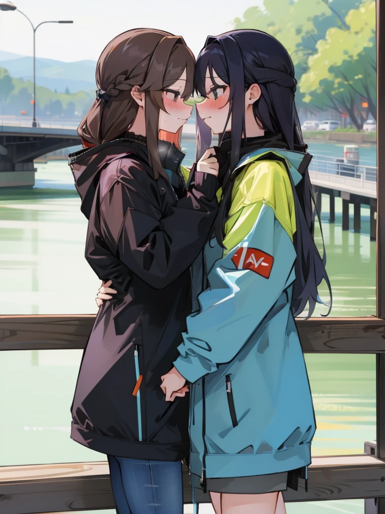 <lora:dove-10:1>2girls, multiple girls, yuri, blush, outdoors, river, masterpiece, best quality