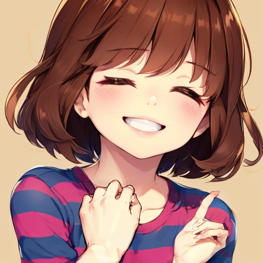 <lora:Frisk_Undertale:1>, frisk undertale, brown hair, short hair, closed eyes, black striped shirt, smiling