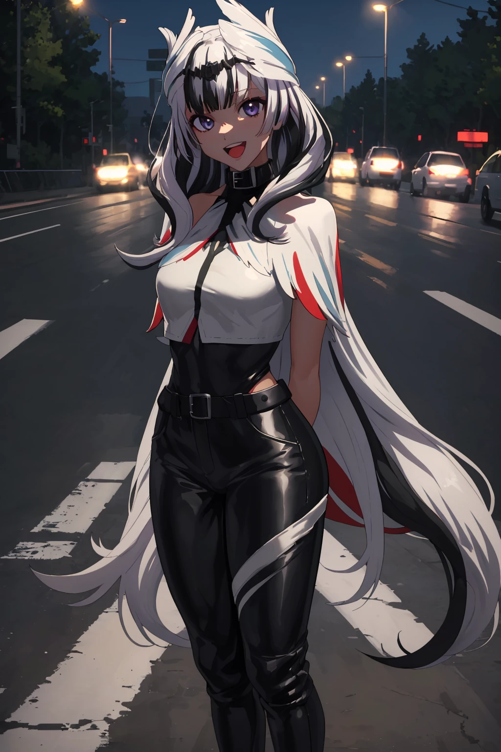 masterpiece, best quality, 1girl, solo, standing, facing viewer,<lora:EPfeVeyle-07:1>, EPfeVeyle, 1girl, long hair, multicolored hair, white hair, black hair, light and shadow, highway, night, arms behind back, capelet, leather pants, :D