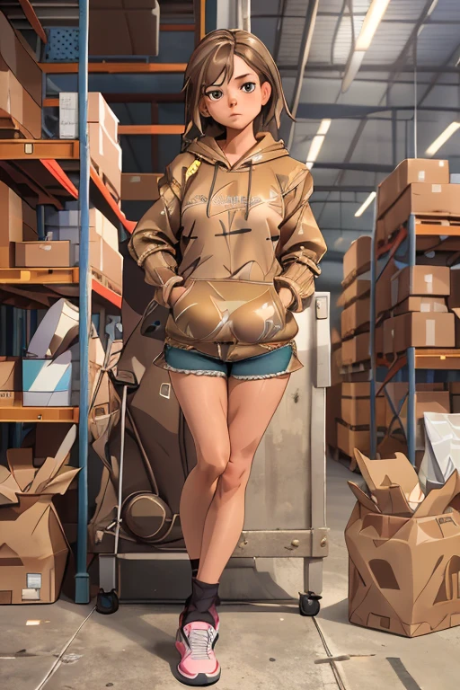 masterpiece, best quality, woman crossed legs while wearing a realpoly1 hoodie with bermuda shorts in a warehouses<lora:realpoly1:.8>