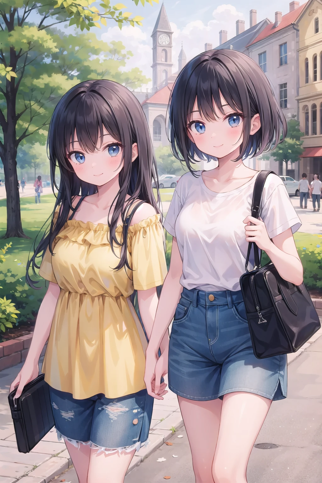 (masterpiece), 2girls, casual, park, smile