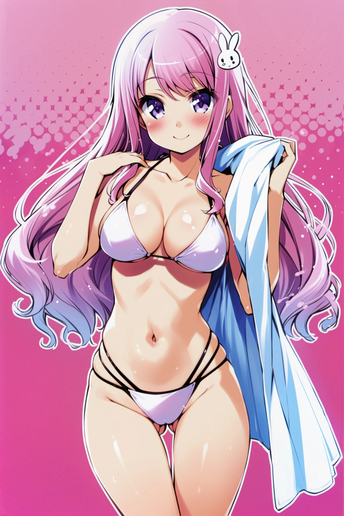 Himeji Mizuki, 1girl, solo, swimsuit, bikini, long hair, pink hair, purple eyes, smile, navel, breasts, shiny skin, blush, towel, hair ornament, large breasts, looking at viewer, shiny, rabbit hair ornament, ass visible through thighs, thigh gap, skindentation, halftone, cowboy shot, multi-strapped bikini, halftone background, <lora:Haga Yui_XL:0.8>