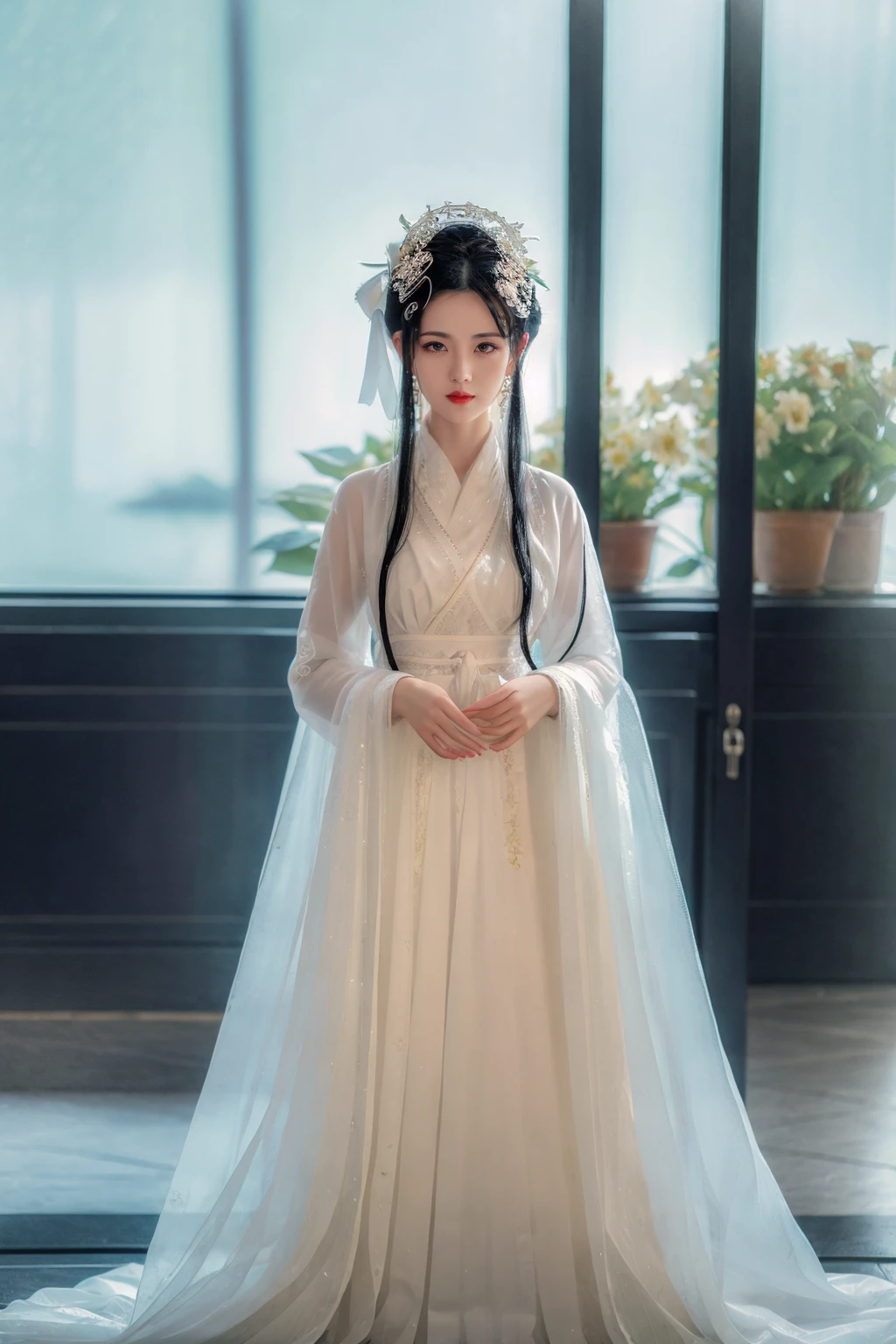 masterpiece, best quality, best quality, Amazing, beautiful detailed , The morning of green courtyard with flourishing flowers and plants in spring, eyes, 1girl, finely detail, Depth of field, extremely detailed CG unity 8k wallpaper, full body, (alice), bainv, black_hair, water, red_lips, solo, long_hair, earrings, see-through <lora:BN:0.8>