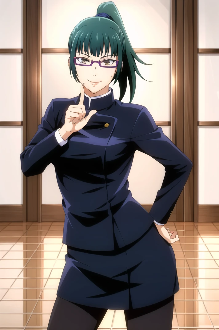 (masterpiece), high quality, (detailed background:1.3), 1girl, solo,
<lora:MakiZenin-v2-05:0.65>, ChopioMakiZenin, long hair, green hair, blunt bangs, high ponytail, brown eyes, glasses, semi-rimless eyewear, (looking at viewer:1.3),
hair tie,
outfit_1, gakuran, blue jacket, long sleeves, blue skirt, black pantyhose,
school, indoors,
standing, (sexy smile, sexy pose:1.4),