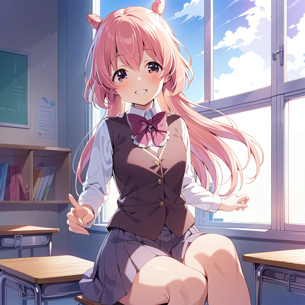 [high quality, best quality], 1girl, solo, akazaki kokoro, double bun, <lora:kkr_xl-000024:0.64>, school uniform, sitting on desk, classroom, smile, blush, window, sky, day