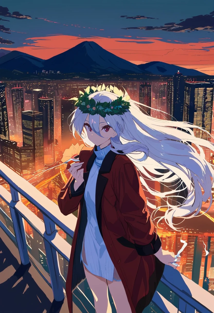 masterpiece, best quality, <lora:BARD713XL_V1:1> 1girl, long hair, sky, cloud, solo, outdoors, cityscape, scenery, railing, head wreath, looking at viewer, dress, city, building, hair between eyes, long sleeves, cigarette, floating hair, sunset, cloudy sky, closed mouth, holding cigarette, mountain, standing, ocean, white hair, coat, open clothes, jacket
