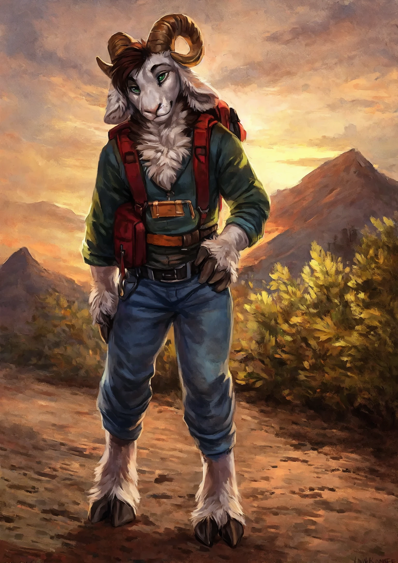 male, solo, anthro, mammal, (goat, caprine, caprine horn, 2 horns, :1.2), horizontal pupils, cloven hooves,
fully clothed, bottomwear, topwear, pants, jacket, (adventurer:1.1), hand on hip, (backpack:1.2),
fur, fluffy, tuft, chest tuft, long hair, brown hair, neck tuft, inner ear fluff, digitigrade,
standing, front view, looking at viewer,
BREAK
(detailed background:1.2), outside, rock, sunbeams, snowy peaks, (colorful sunrise, village:1.3),
(by kenket:1.1), by oouna, (by darkgem, by miosha:1.1), by sabretoothed ermine,