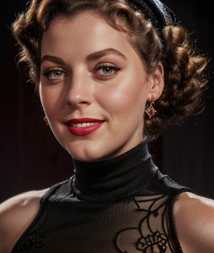 a51g3r , Ultra-HD-details, Black background, smile, detailed eyes, 50s dress, cotton hair, 40s makeup, 50s style, Necklace, jewelry, ((Turtleneck red)), intricate 