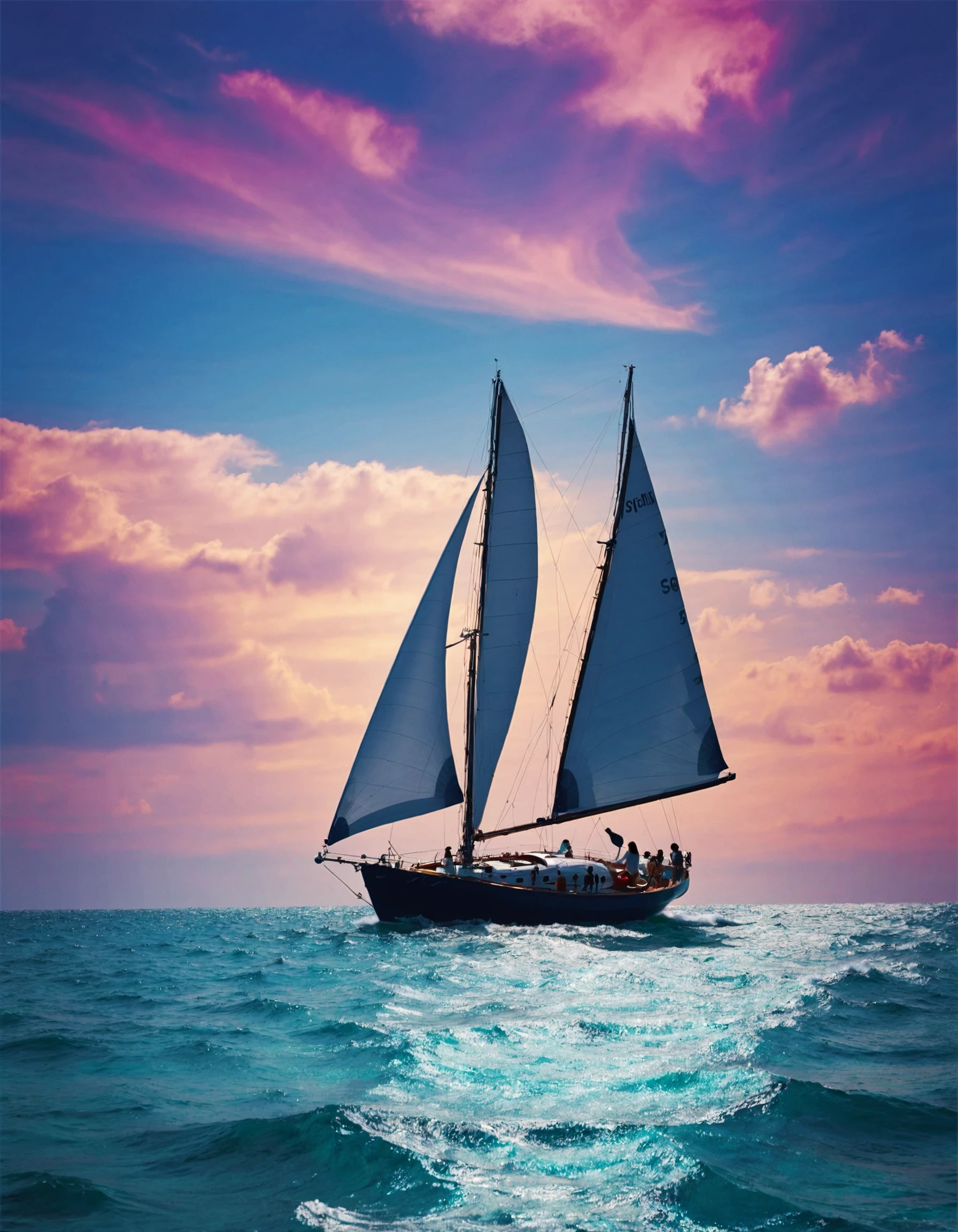 glam fantasy, Sailboat on the sea, Wind's playful push, canvas full, Horizon's slow chase