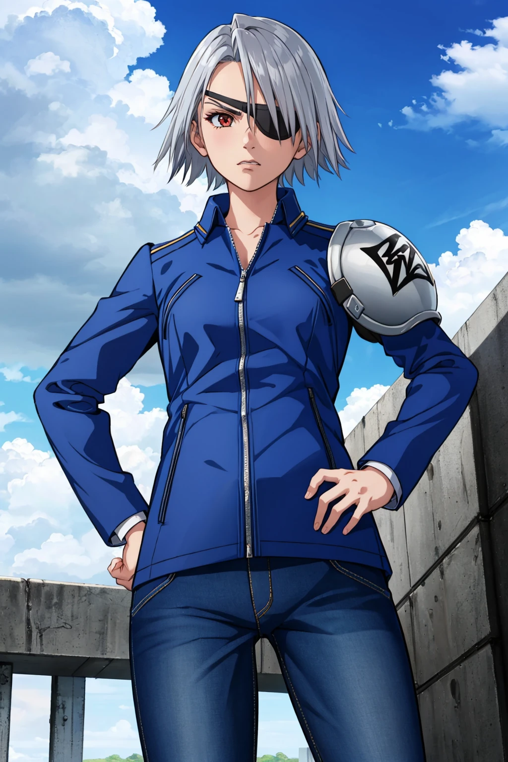 masterpiece, best quality, 1girl <lora:ff8fujin-nvwls-v1-000010:0.9> ff8fujin, silver hair, eyepatch, blue jacket, single shoulder pad, long sleeves, blue pants, hand on hip, angry, looking at viewer, sky, clouds