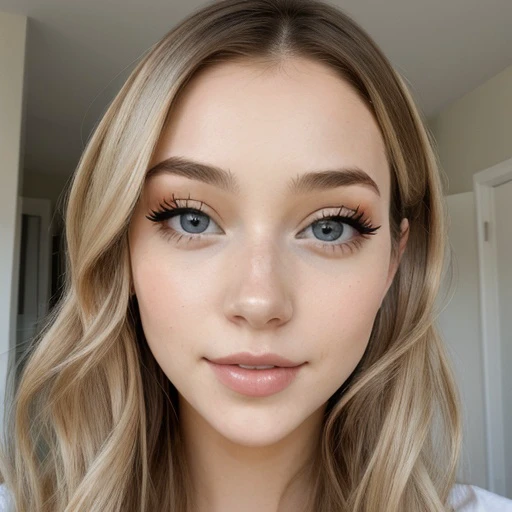 Beautiful woman,27 year old woman, white woman, blonde hair, wavy hair, blonde eyebrows, hazel eyes, well detailed eyes, thick eyelashes, beautiful face, symmetrical face, full lips, smile, high cheekbones, naked,small breasts, small nipples, natural skin,complementary composition