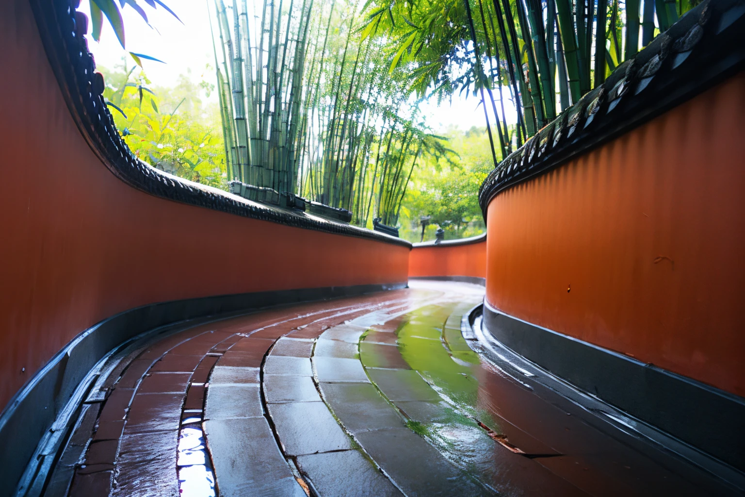 no humans,<lora:0135 Chinese red wall_v1:1>, ruanyi0135,outdoors,architecture,bamboo,, best quality,masterpiece,high quality,real,realistic,super detailed,full detail,8K,