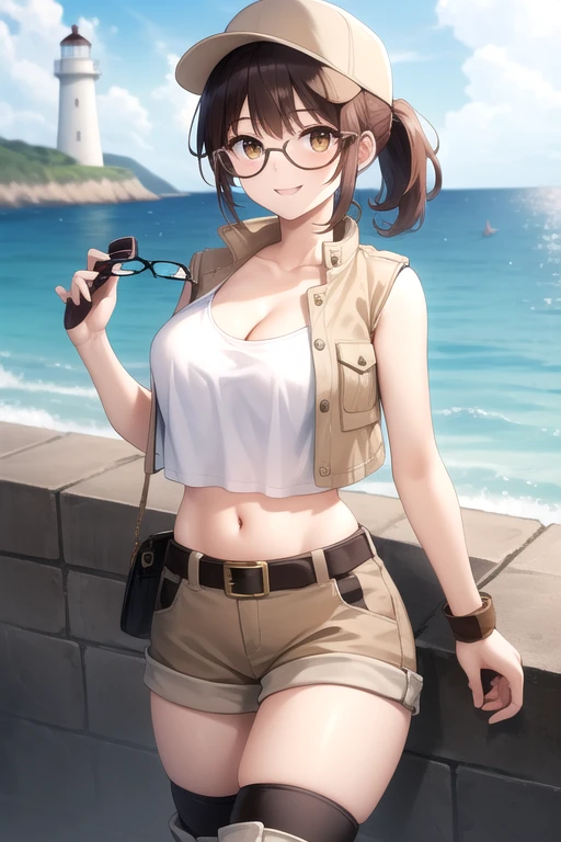 ((masterpiece)),(best quality),official art,extremely detailed CG,unity 8k wallpaper,ultra detailed,beautiful detailed eyes,extremely detailed face,A lighthouse on a cliff by the sea,1girl,solo,cowboy shot,looking at viewer,facing viewer,smile,Fio Germi(ms),baseball cap,brown headwear,beige hat,long hair,brown hair,ponytail,sidelocks,brown eyes,bangs,round eyewear,collarbone,cleavage,crop top,midriff,beige vest,tank top,large breasts,wristband,navel,belt,brown shorts,short shorts,shorts rolled up,hip vent,fanny pack,knee pads,boots,<lora:Fio Germi-remake(ms)>,