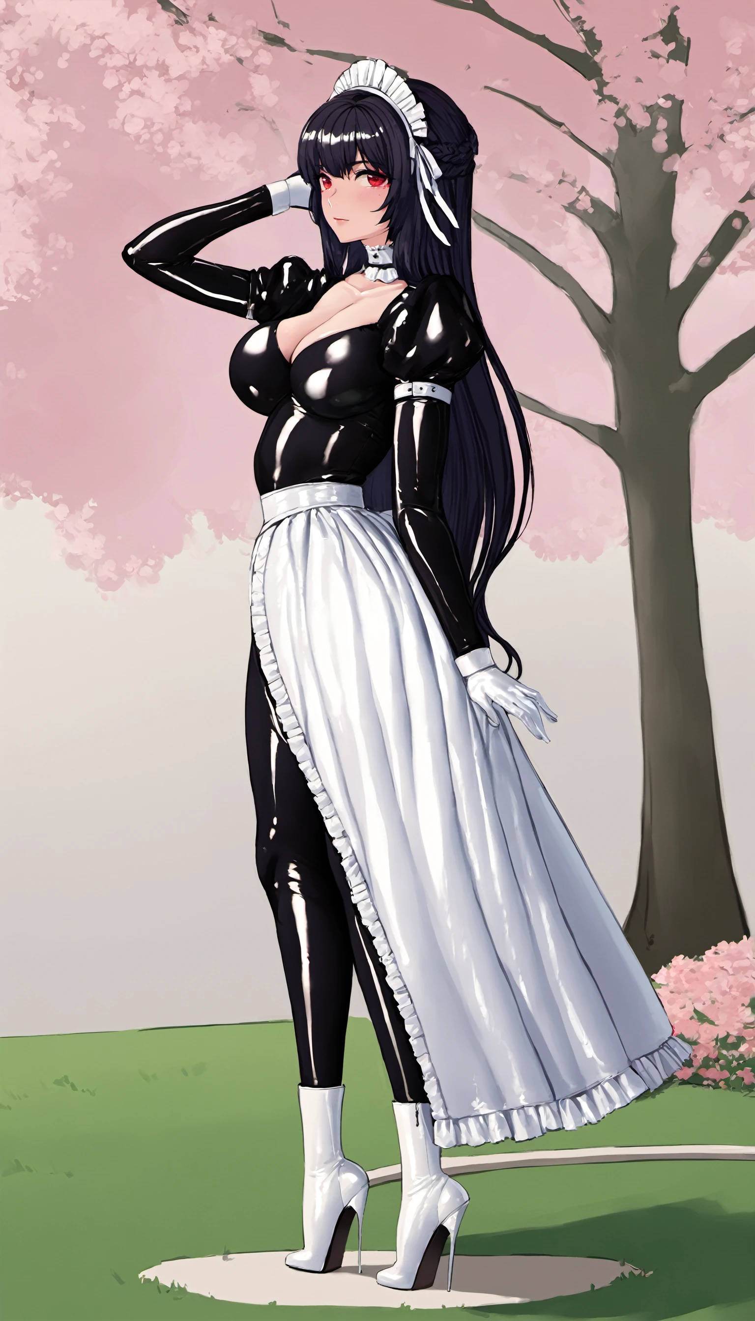 1girl, latex bodysuit, cowboy shot,
tall female, tally, red eyes, black hair, streaked hair, very long hair,
thigh boots, (latex:1.2), (black latex bodysuit:1.2), white latex gloves, long sleeves, high heel boots, white latex skirt, latex legwear, latex maid outfit, maid, maid headdress, (long skirt:1.2),
looking at viewer, day, blue sky, summer, outdoors, park, grass, tree,
masterpiece, best quality, ultra detailed, high quality, perfect anatomy, solo, pose <lora:tesomu-10-epoch-color-sdxl:1>
