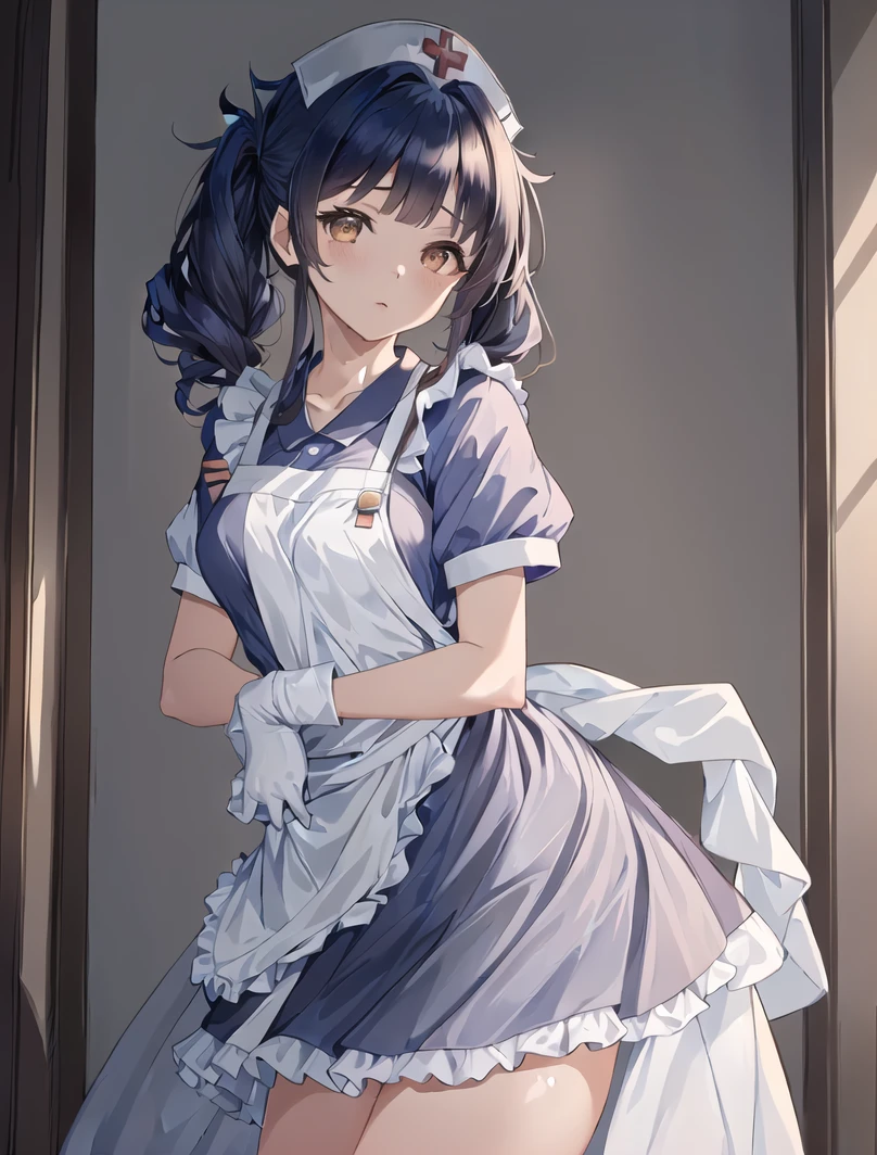 ((masterpiece, best quality, high quality)),1girl, (lower body, hospital), <lora:Long Nurse Apron 1:0.6> (nurse_uniform_long_3, gloves, apron, nurse cap, nurse,long dress), <lora:Akiko Satou:0.7> (akiko satou, 3dcg 01, 1girl, solo, twintails, brown eyes, medium breasts, medium hair, mole under eye, dark blue hair, double side ponytail)