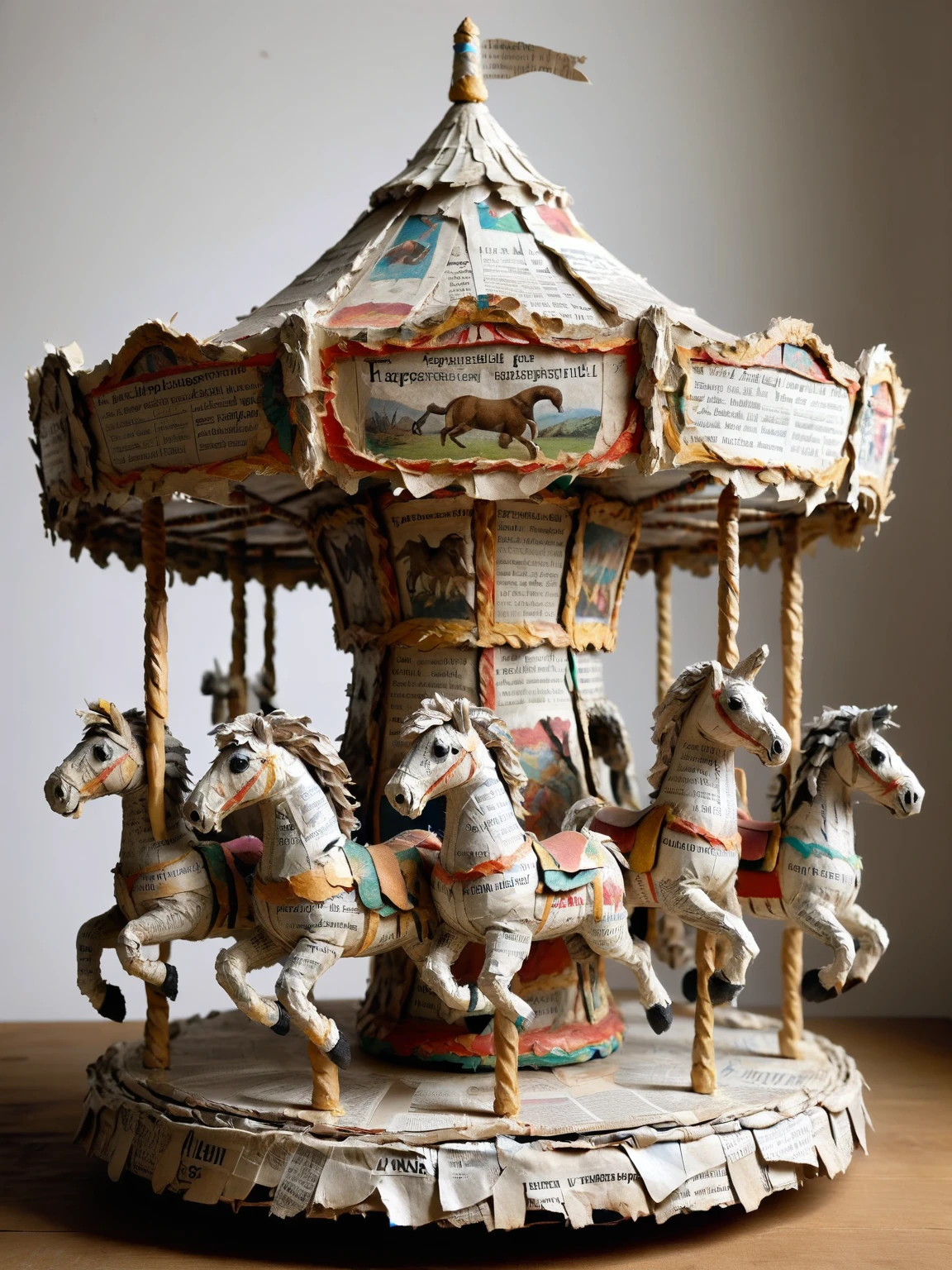 ais-papiermache carousel, with handcrafted animals rising and falling in a carnival of papier mache <lora:Papier_Mache_Style_SDXL:1>