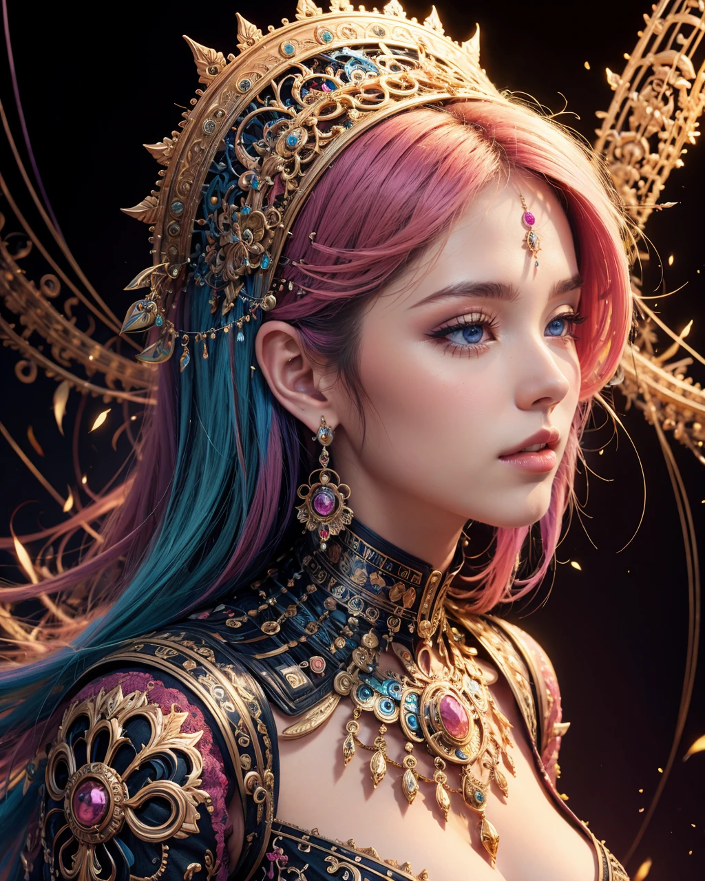 ( fullbody shot:3.0) Young adult, Fit, African, Steel gray eyes, Unusual Nose, Long face shape, edgy makeup , Rose Gold Curly haircut hair, Love wearing F41Arm0rXL <lora:Fae_Armor_XL:1>
