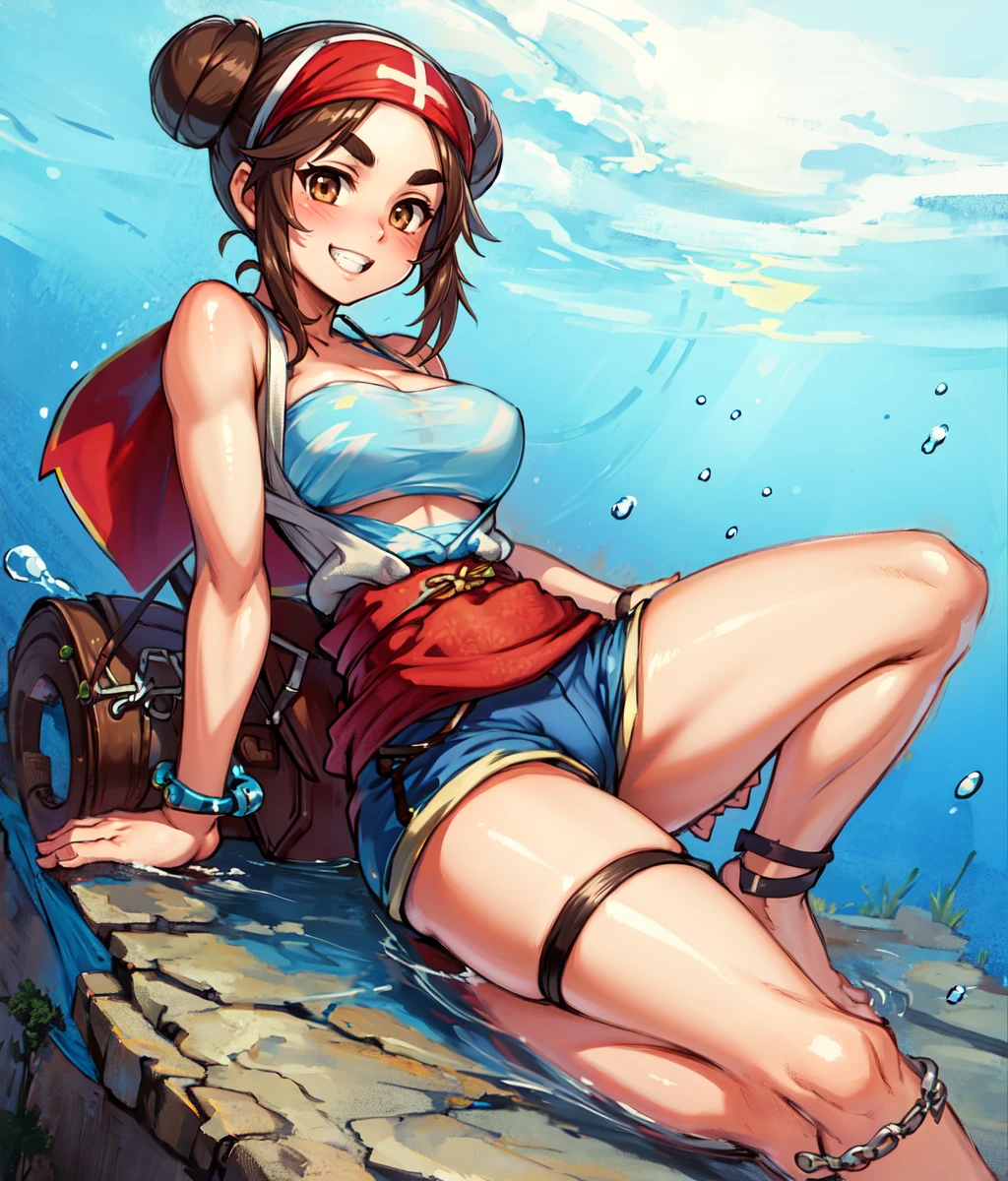 masterpiece, high res, detailed face, detailed eyes, 1 girl, solo, big smile, teeth, brown hair, brown eyes. thick eyebrows, medium breasts, blue vest, black tigh shorts, chest bandages, bandana, hair sidebuns, anklet, red obi, swimming, underwater, cowboy shot, full body, <lora:Lun:0.9>