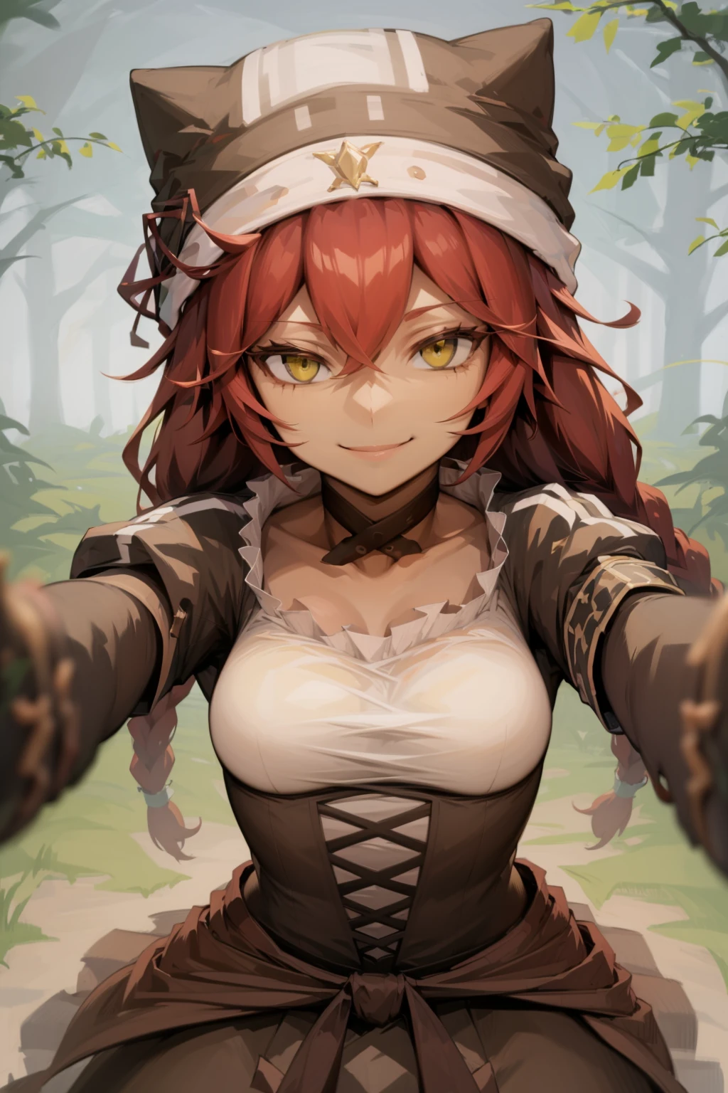 sketch, masterpiece, best quality, 1girl, lupusregina, red hair, long hair, twin braids, yellow eyes, dark skin, choker, dress, hat, kabedonpov, smile, upper body, looking at viewer, solo, outdoors, vibrant color <lora:NAI-cutesexyrobutts:0.6> <lora:GrabbingViewer:0.9> <lora:LupusReginaCivit:1>