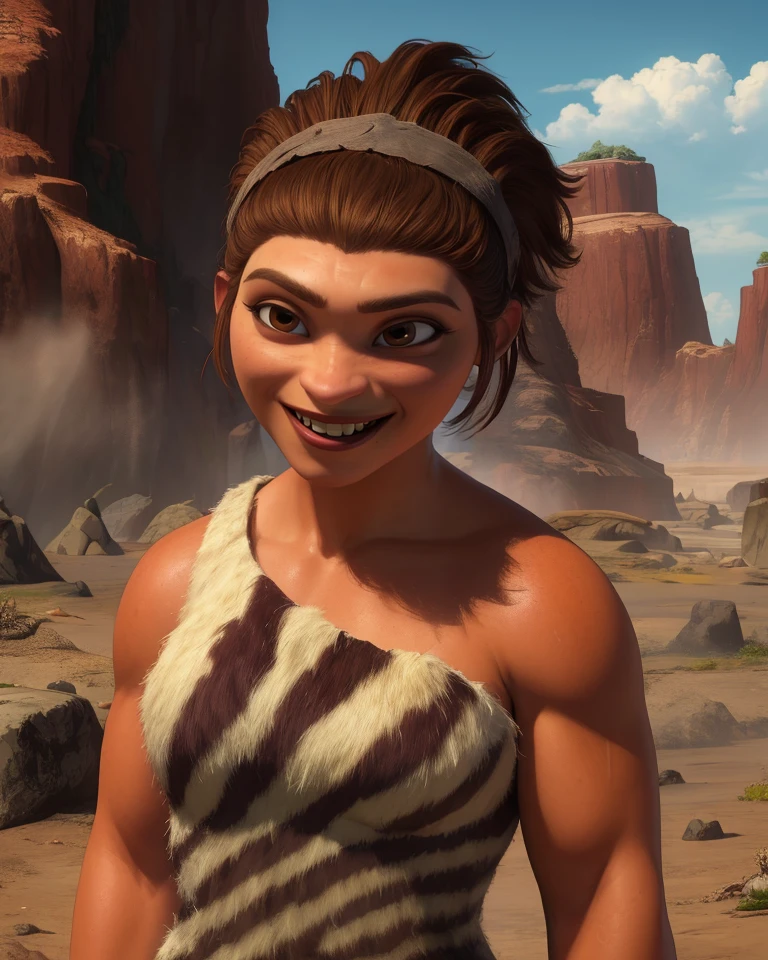 Ugga,brown hair,short hair,brown eyes, muscular, hairband, hair up,
dress,animal print, off shoulder, sleeveless,
standing, upper body,
solo, smile,
small cave, wasteland,
(insanely detailed, beautiful detailed face, masterpiece, best quality) <lora:Ugga:0.8>