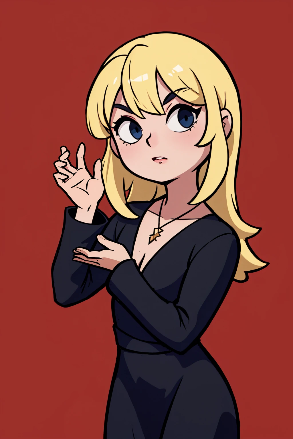 (masterpiece, best quality:1.2), 1girl, wearing a black dress, solo, laurapalmer, blonde hair, medium hair, black long sleeves, tight dress, plunging neckline, <lora:laurapalmer-10:.85>,  meanwhile_pose,