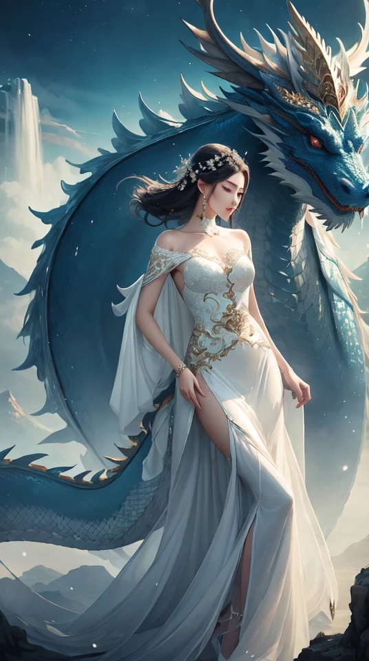 dragon_real,(extremely detailed CG unity 8k wallpaper,masterpiece, best quality, ultra-detailed, beautiful detailed eyes:1.2),best illumination, (best shadow, an extremely delicate and beautiful, bloom),the girl was surrounded by dragons, (1girl:1.4),breasts, solo,full body,Back tattoo,white dress,(color dragon:1.4),Bare leg,long dress,