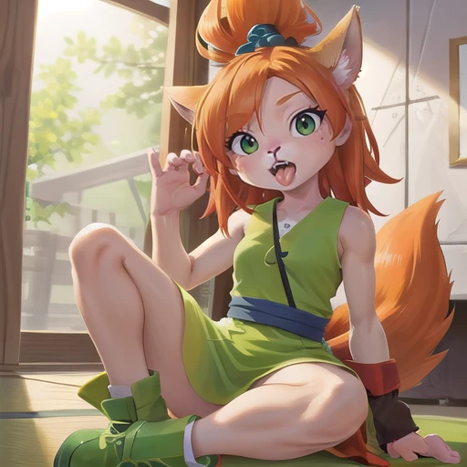 , masterpiece, Highest Quality, Highest Resolution, perfect background, perfect perspective, sharp image, perfect details, perfect lighting, perfect shadows, Perfect lighting, Best background,
perfect anime style, Tessa, furry, furry female, 1girl, animal tail, animal ears, animal nose, green eyes, Adult, orange hair, pony tail, body fur, sleeveless, green footwear, topknot, green leaf dress, opened mouth, tongue out, felges, indoors, looking at viewer,