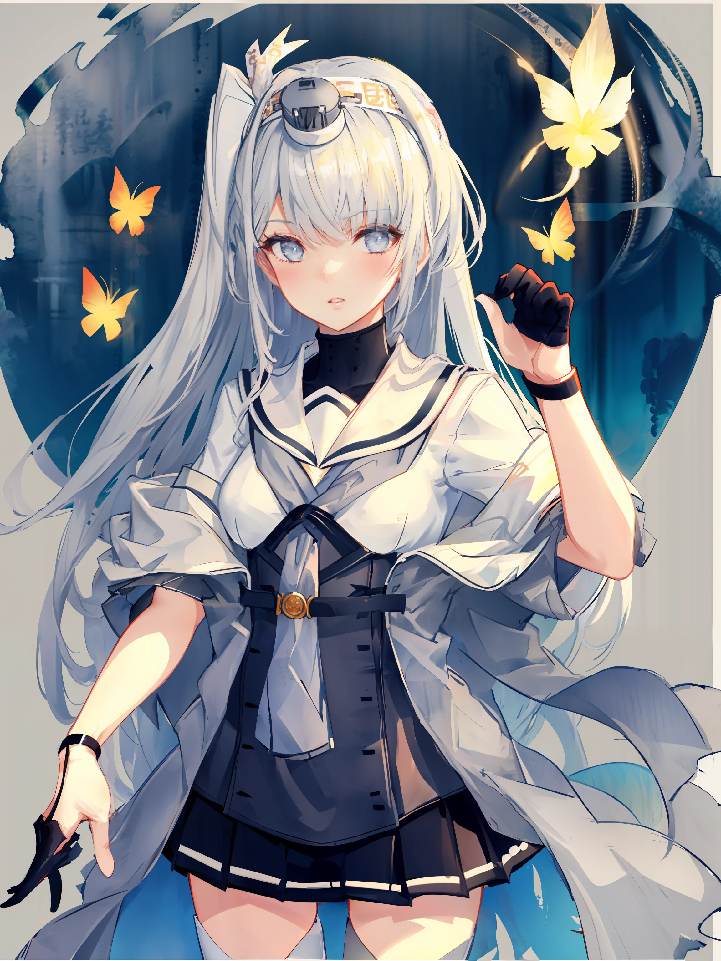 fuyutsuki \(kancolle\), 1girl, solo, white headband, skirt, gloves, headband, white sailor collar, grey neckerchief, sailor collar, school uniform, thighhighs, serafuku, black gloves, neckerchief, half gloves, pleated skirt, breasts, grey thighhighs, traditional media, shawl, clothes writing, black skirt, cowboy shot, one side up, simple background, short sleeves, microskirt, parted lips, headgear, original, intricate detail, illustration, masterpiece, extremely detailed CG unity 8k wallpaper, highlight, sharpening, dynamic, <lora:Fuyutsuki-4:0.8>,