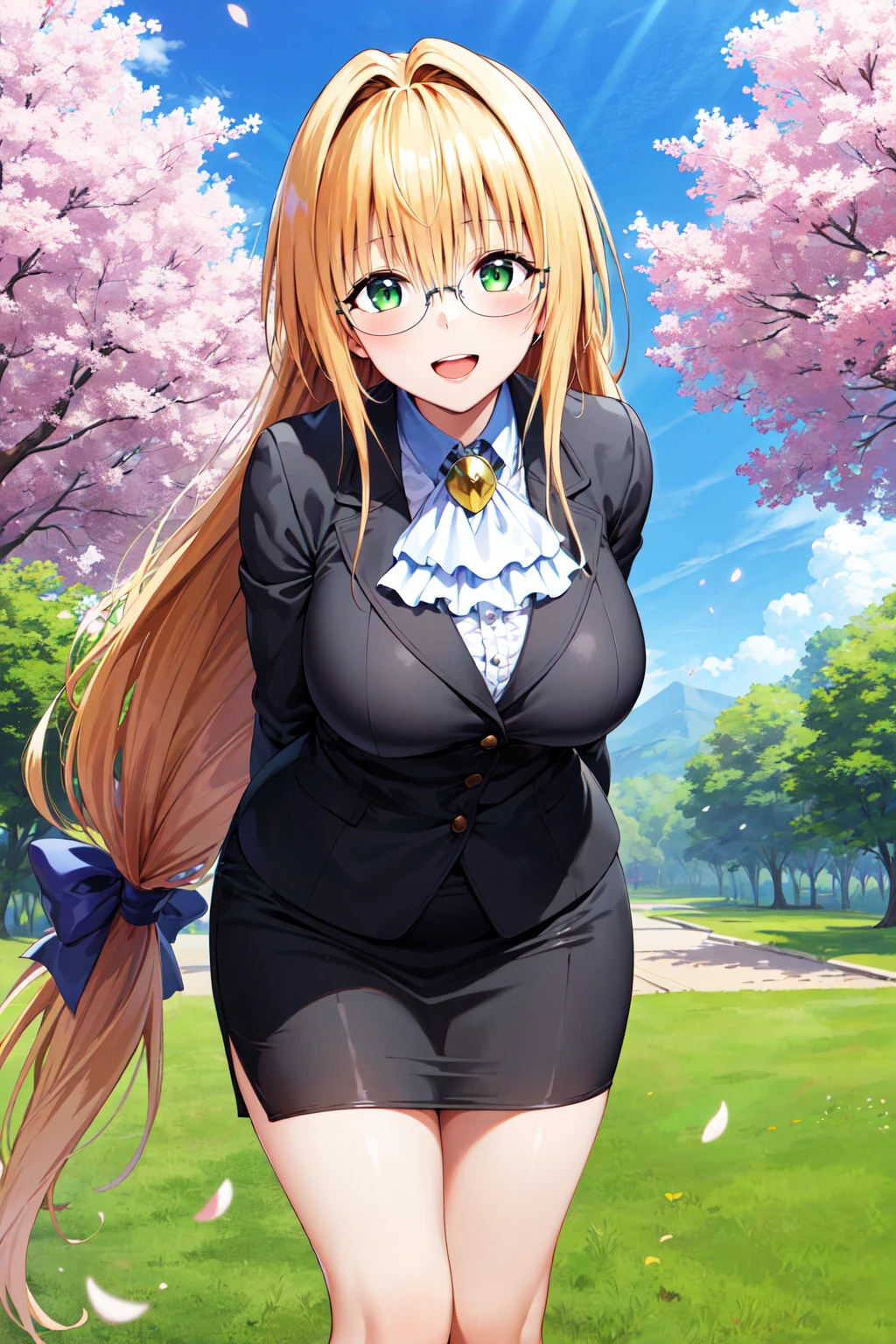 masterpiece, best quality, highres, aatearju, very long hair, low-tied long hair, hair ribbon, green eyes, glasses, large breasts, white ascot, black jacket, long sleeves, black skirt, <lora:tearju_lunatique_v1:0.7>, arms behind back, leaning forward, standing, outdoors, smile, open mouth, cherry blossoms,