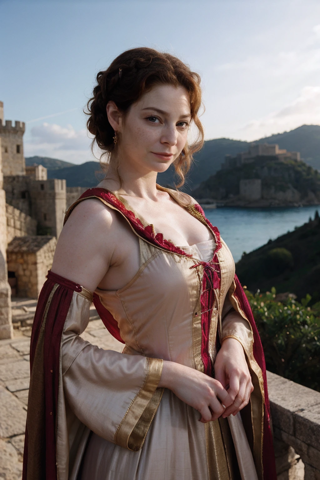 esmebianco,a woman wearing renaissance dress in dubrovnik castle, (overcast lighting:0.5)  <lora:esmebianco:0.9>
