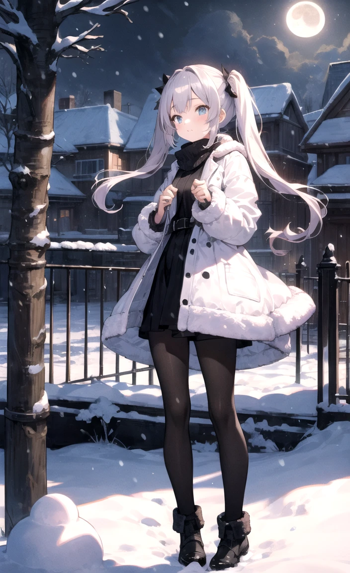 1girl, twintails, pantyhose, outdoors, moonlight, snow