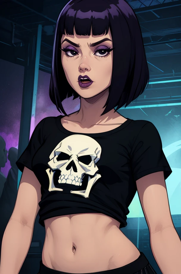 triana,dark purple hair,black eyes,bob cut,
black shirt,short sleeves,skeleton print,small black skirt,midriff,
standing,upper body,
nightclub,
(insanely detailed, masterpiece, best quality),solo,<lora:trianaorpheus:0.8>,