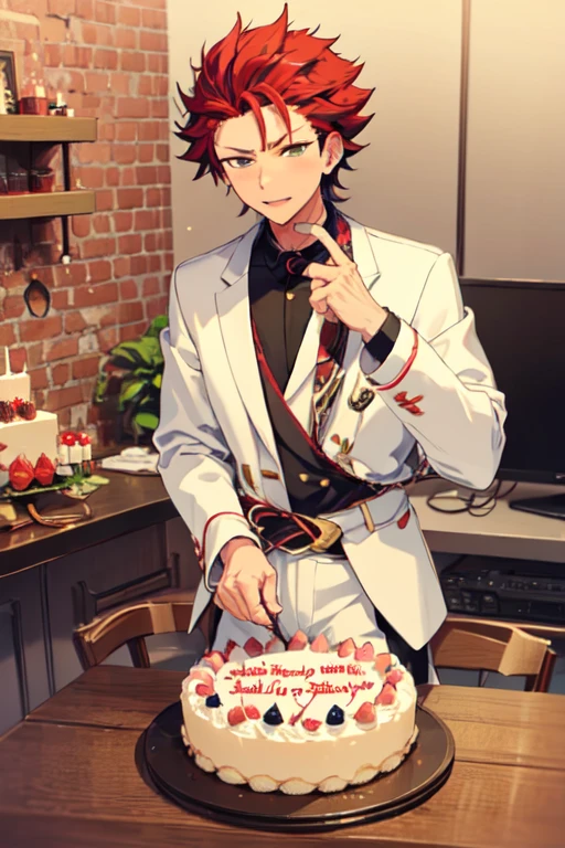 kurokiryu, looking at viewer,cake, birthday cake, happy birthday, lei