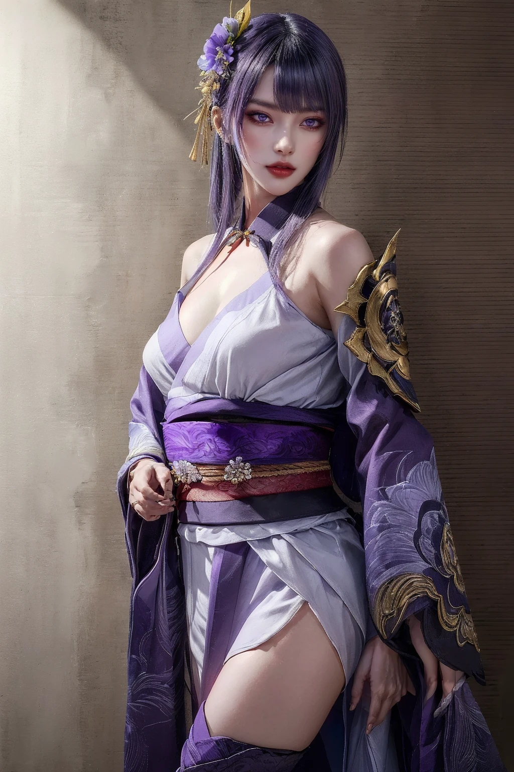 <lora:lei_08:0.7>,extremely detailed CG unity 8k wallpaper,best quality,(realistic:1.4),world masterpiece,(highres, ultra detailed,8K),lei,1girl,chest,solo,purple hair,purple eyes,hair_ornament,look at the audience,purple kimono,purple thigh high,long_sleeves,thigh,shoulder_armor,standing,
