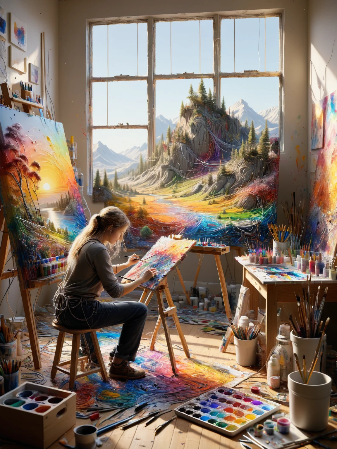 ais-wirez painter, creating an intricate landscape painting in a sunlit art studio, surrounded by colorful art supplies <lora:Electrical_Wires_Style_SDXL:1>