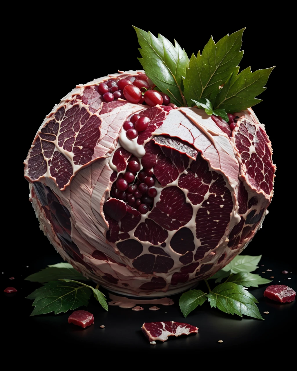 grapes and mariuana leaves, splash water, flashing particles , depth of field, clean background, made out of raw-meat <lora:ral-rawmeat:1> raw-meat