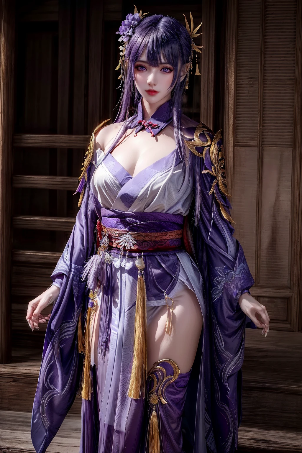 <lora:lei_08:0.7>,extremely detailed CG unity 8k wallpaper,best quality,(realistic:1.4),world masterpiece,(highres, ultra detailed,8K),lei,1girl,chest,solo,purple hair,purple eyes,hair_ornament,look at the audience,purple kimono,purple thigh high,long_sleeves,thigh,shoulder_armor,standing,