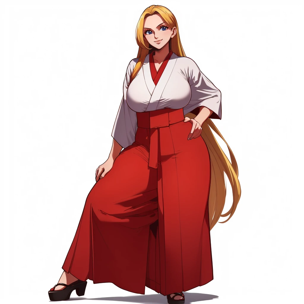 (masterpiece, best quality:1.3), Aosora, 1girl, solo, looking at viewer, wide hips, mature female, closed mouth, simple background, seductive smile, large breasts, dynamic pose, (full body:1.2), thick thighs, <lora:Aosora Style Lora:.9>, white kimono, (red hakama:1.2), long hair, blonde hair, blue eyes