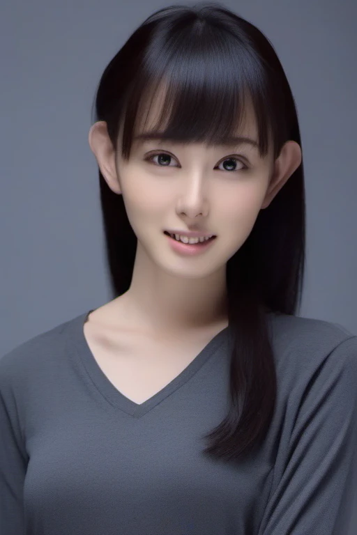 <lora:kazaya:1> A studio portrait of kazaya (girl:1), black hair, with black casual long-sleeved clothes, medium close up 3:4, natural soft background color