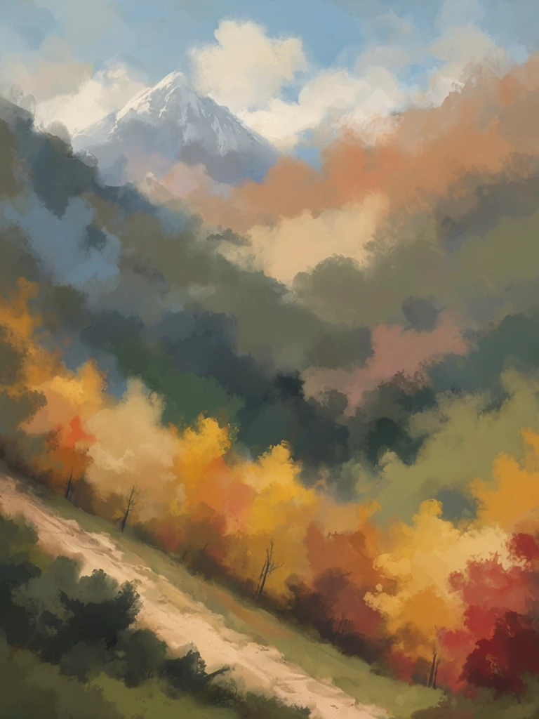 ptm-no2, a mountain range on a sunny day in a colorful forest , <lora:- SDXL - ptm-no2_style_V1.0:.8> <lora:- SDXL - n-eeyblch_eye_bleach_V1.0:-0.8> n-eeyblch