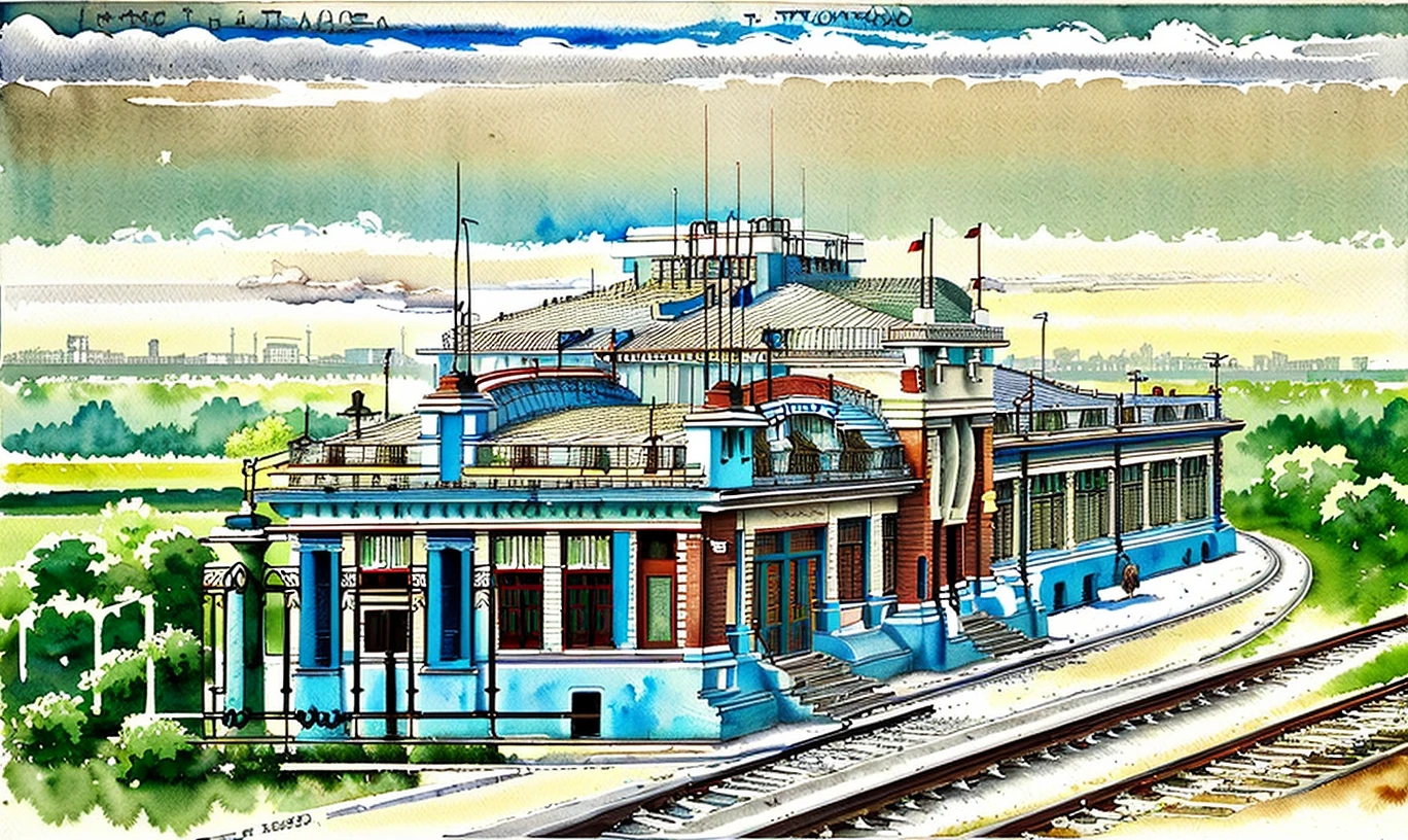 watercolor of railway station:1, atumn trees,  rare clouds, sunny day, saturated colors <lora:Novosibirsk_SD:1.5>, L'art nouveau